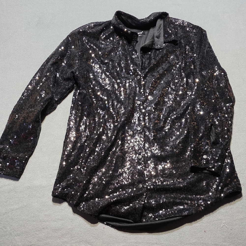 Hancy Elegant Black Sequin Button Down Shirt S/M/L New In Poly Bag - Picture 2 of 8